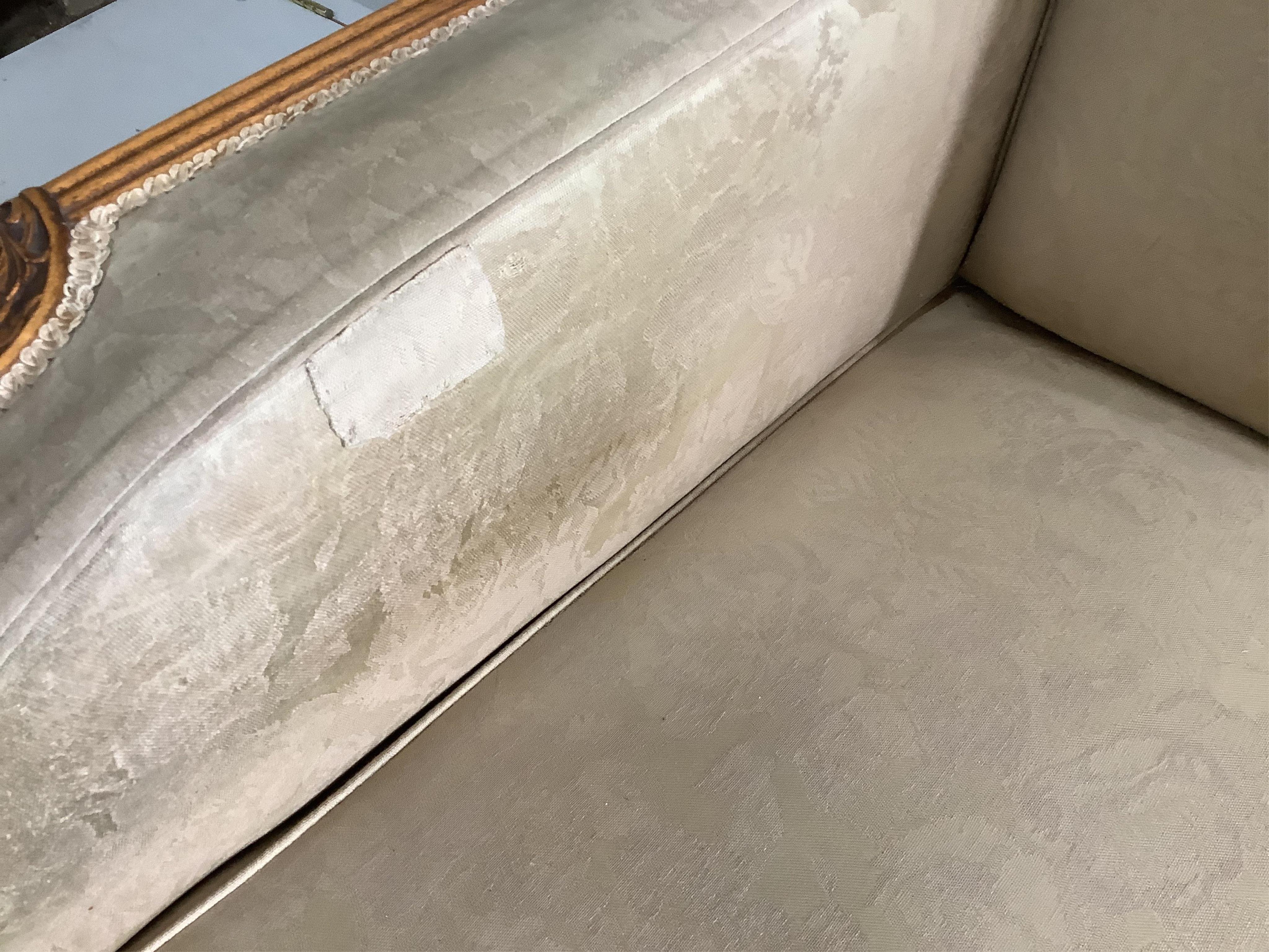 An Art Deco upholstered carved beech three piece suite, settee width 180cm, depth 80cm, height 82cm. Condition - fair, upholstery poor